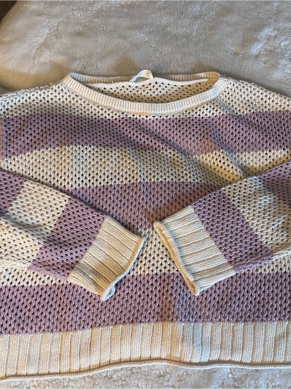 Lavender and Cream Striped Open-Knit Crewneck Sweater